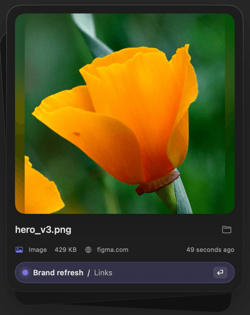 A file card for hero_v3.png, an image from figma.com, suggested for “Brand refresh / Links”, with a Return key hint.