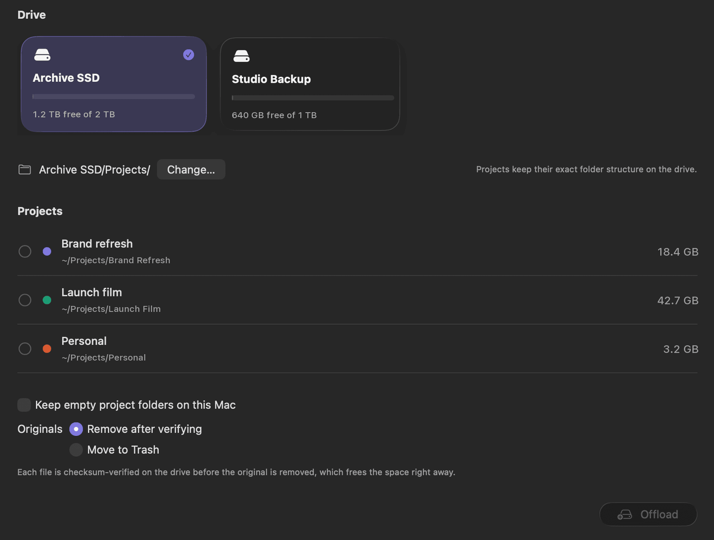 Offload screen: Archive SSD selected over Studio Backup, three projects with their sizes, and the option to remove originals after verifying or move them to the Trash.