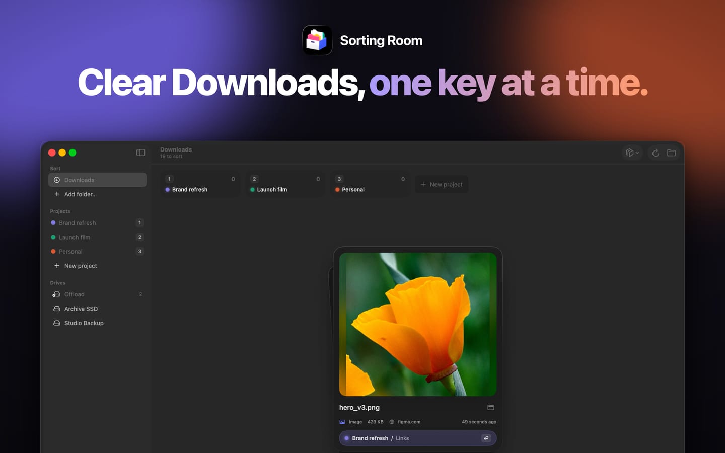 App Store screenshot 1: Clear Downloads, one key at a time.